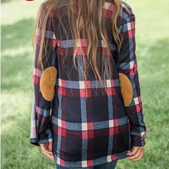 NWT Lightweight knit open front blue plaid shirt jacket faux suede elbow patches - Picture 3 of 9